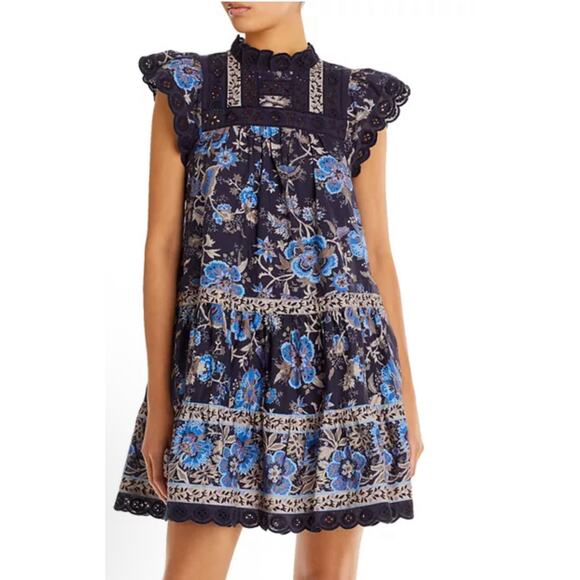 Sea New York Tess Floral Mini Dress Women’s XL Blue Black Eyelet Ruffle Bohemian - Picture 1 of 10
